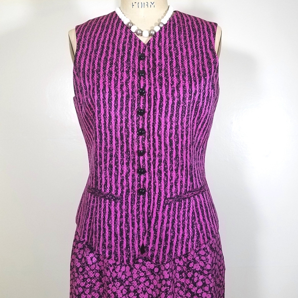 FINAL OFFER! CARLISLE 6 SILK PURPLE & BLACK FIT & FLARE VEST SKIRT SET SUIT - Picture 5 of 11